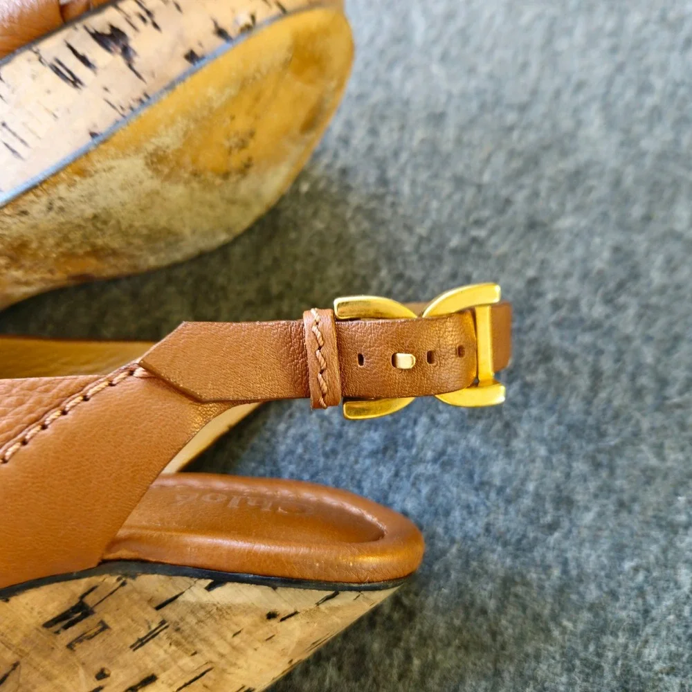 CHLOE Renna Cork Wedge Sandals 38 Act 36 Cognac Leather Strappy Platform CH16066
